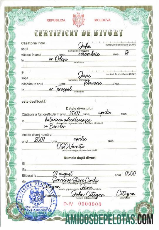 Certidão de divórcio de registro vital da Moldávia amostra